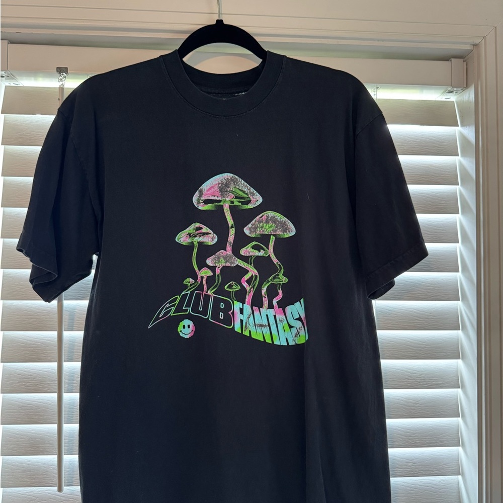 Black Graphic T-Shirt with Colorful Mushroom Design